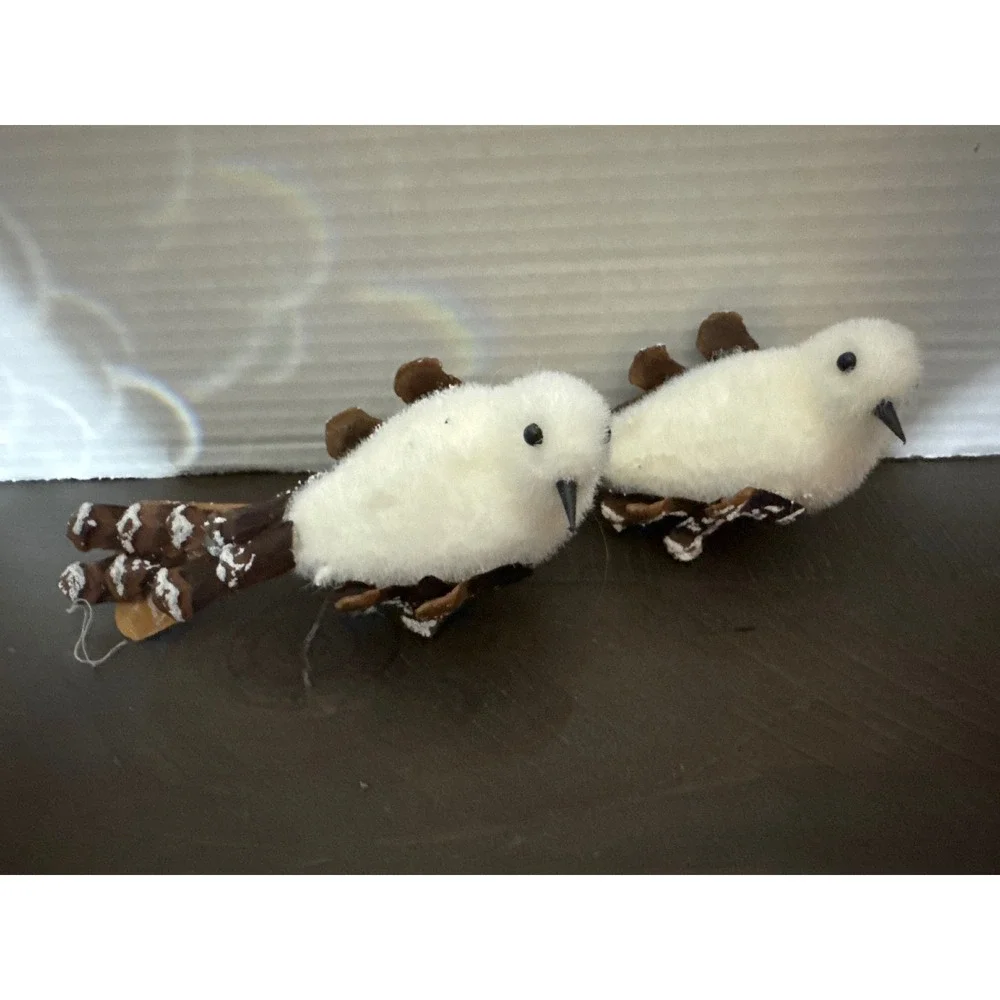 White Fuzzy Bird Christmas Ornaments with Pinecone Wings and Clips Set of 2
